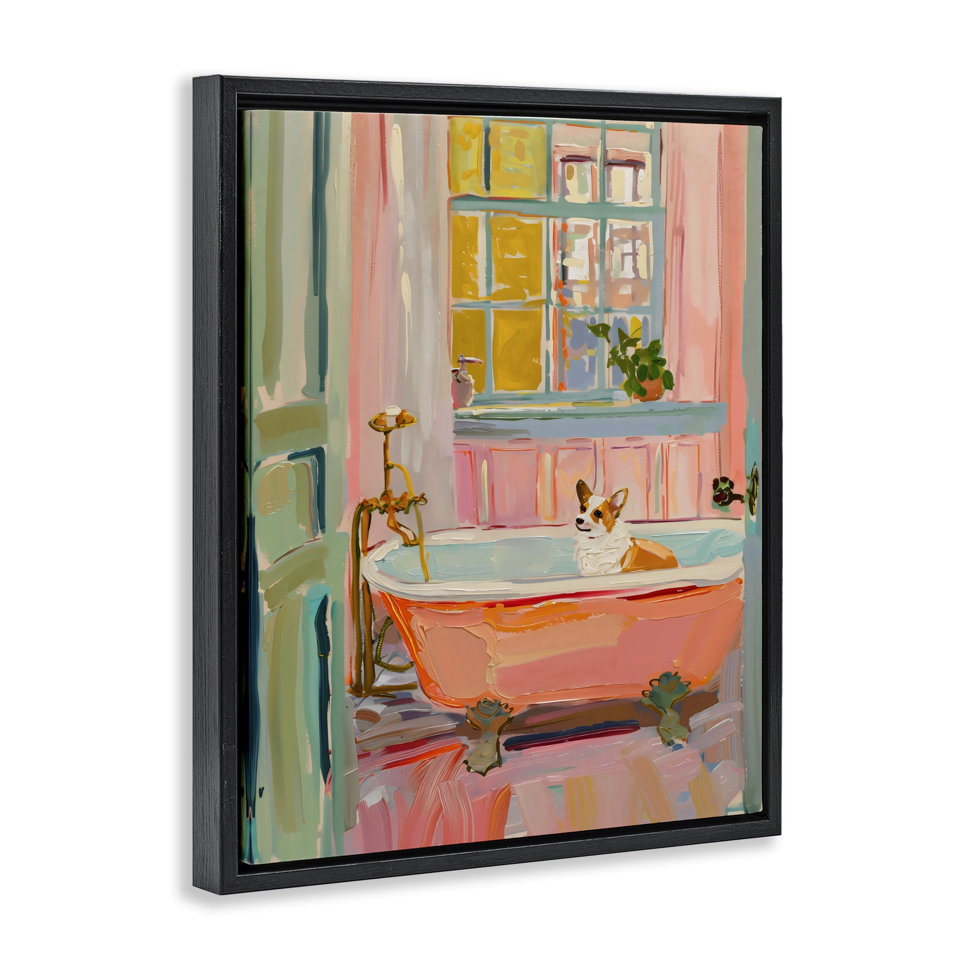 Stupell Industries Corgi in Bathtub Black Framed Floater Canvas Wall Art, design by The Prints Vibe