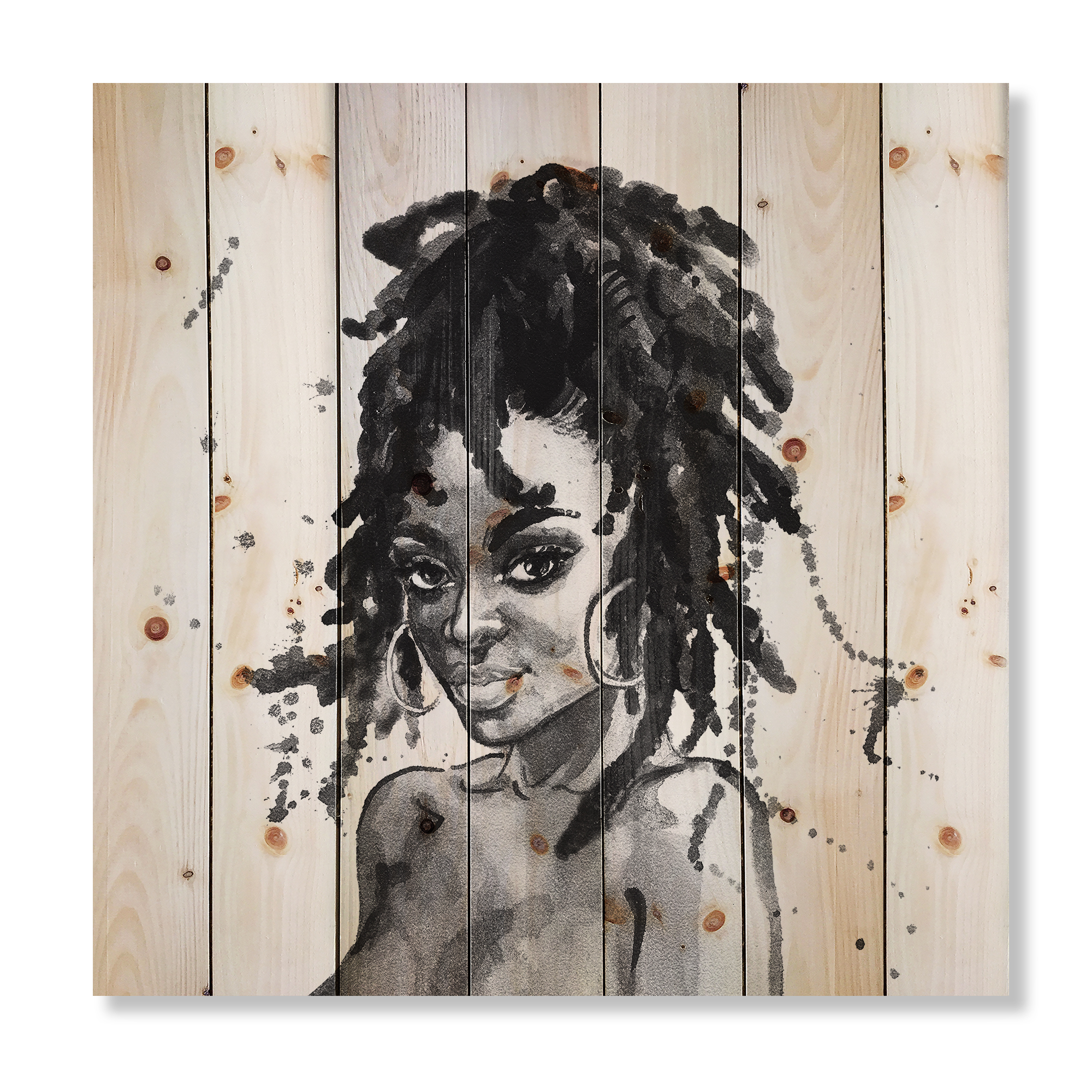 Designart 'Black and White Portrait of African American Woman II' Modern Print on Natural Pine Wood