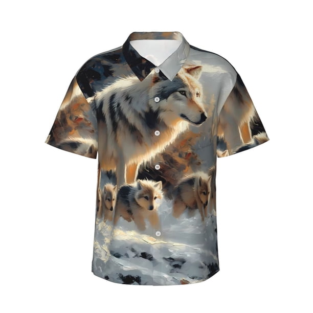 Balery Wolf Family Winter Wonderland Camisas hawaianas de manga corta para hombre, camisas playeras de corte holgado, camisas de vacaciones con botones,Large