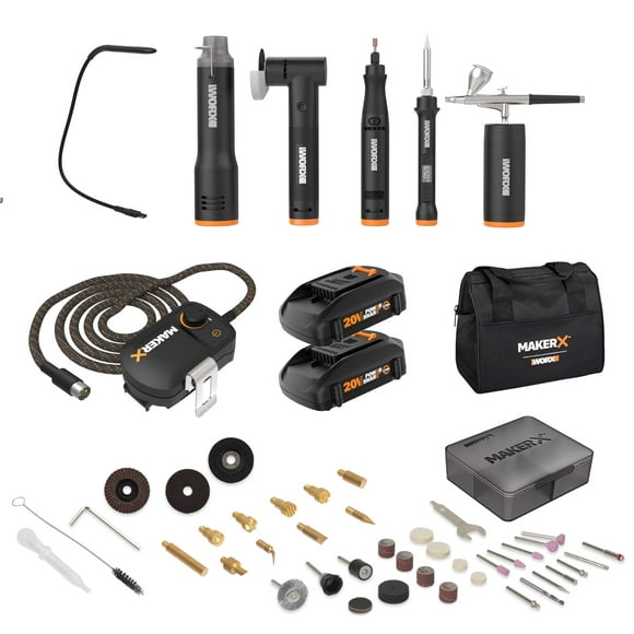 Worx WX996L MAKERX 6 Tool Kit: Rotary Tool, Wood & Metal Crafter, Air Brush, Heat Gun, Grinder and LED Flex Light in Carry Bag