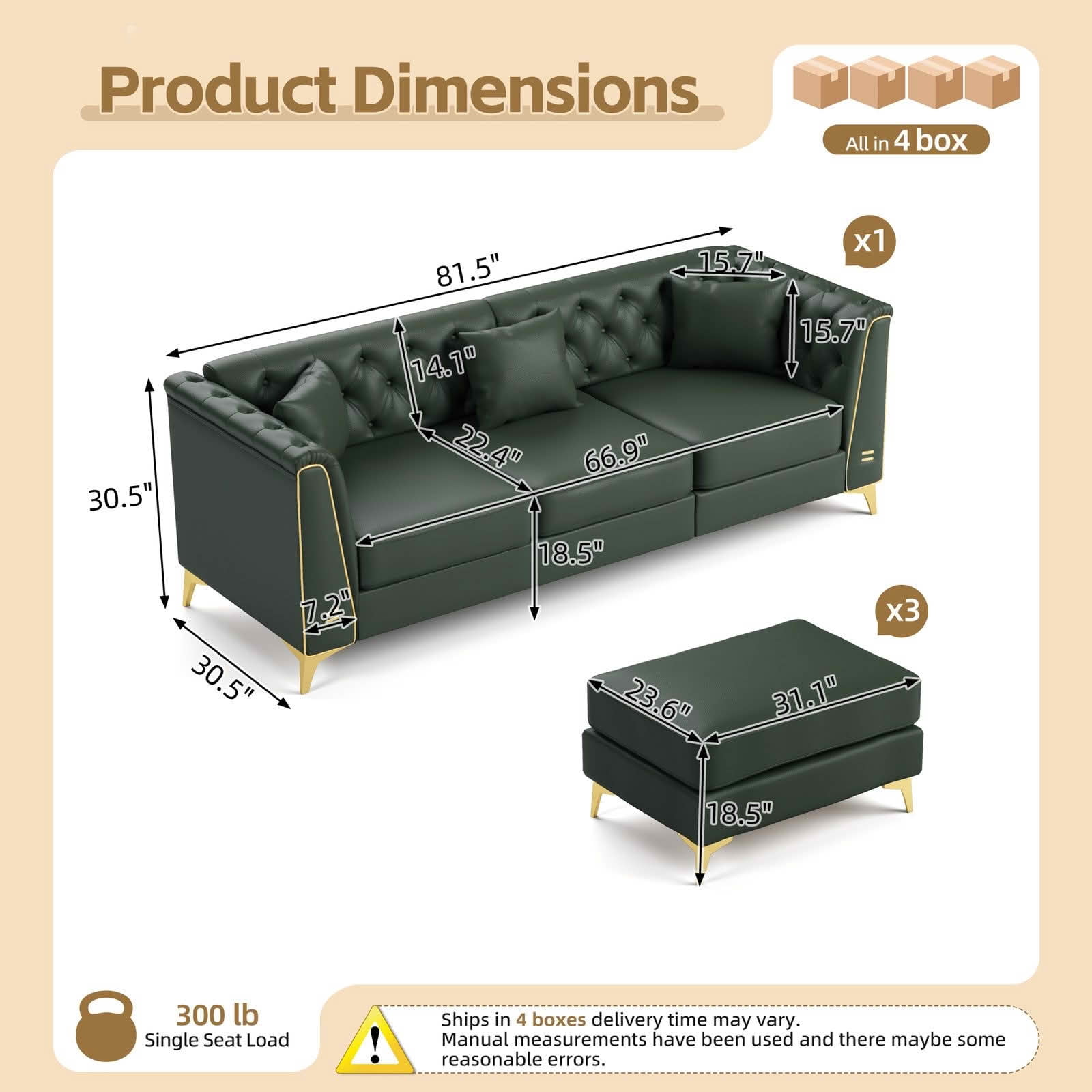 MAYEERTY 81.5" Light Luxury Modular Chesterfield 3‑Seater Sofa with 2 Ottomans, Faux‑Leather Couch, Button Tufting, Metal‑Trim Armrest & Slim Metal Legs, 3 Pillows Included