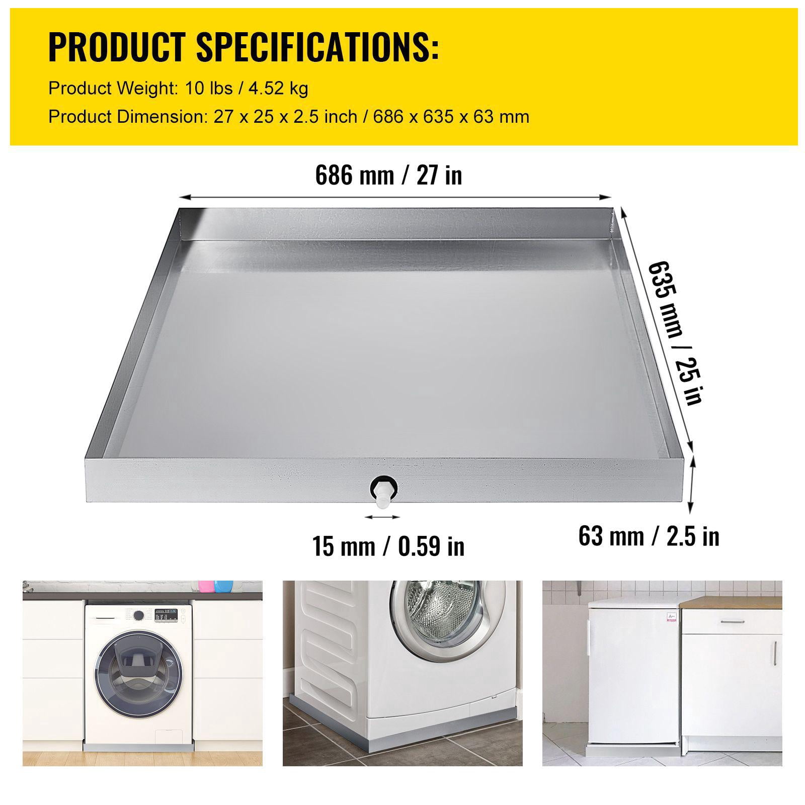 27x25x2.5 Inch 304 Stainless Steel Heavy Duty Washing Machine Drip Tray 18mm Thick with Drain Hole and Hose Connector