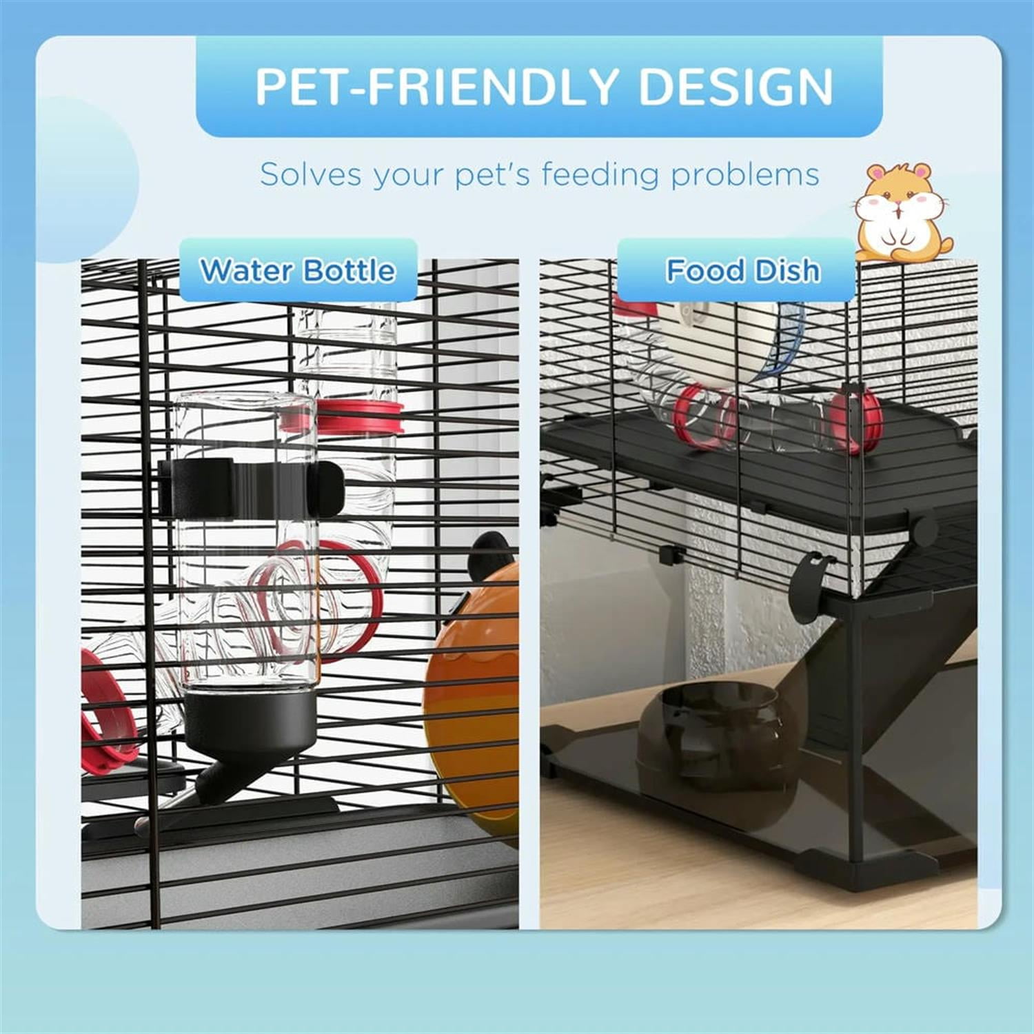 Kadyn 31" Hamster Cage, Gerbil Cage with Glass Basin, Tube and Tunnel for Small Hamsters, 2 Levels Small Animal Habitats, Black