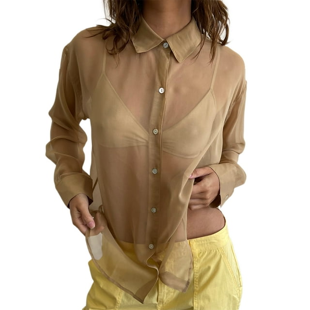 SAYOO Blusa femenina, solapa, botón de manga larga, blusa transparente para mujeres SAYOO moda