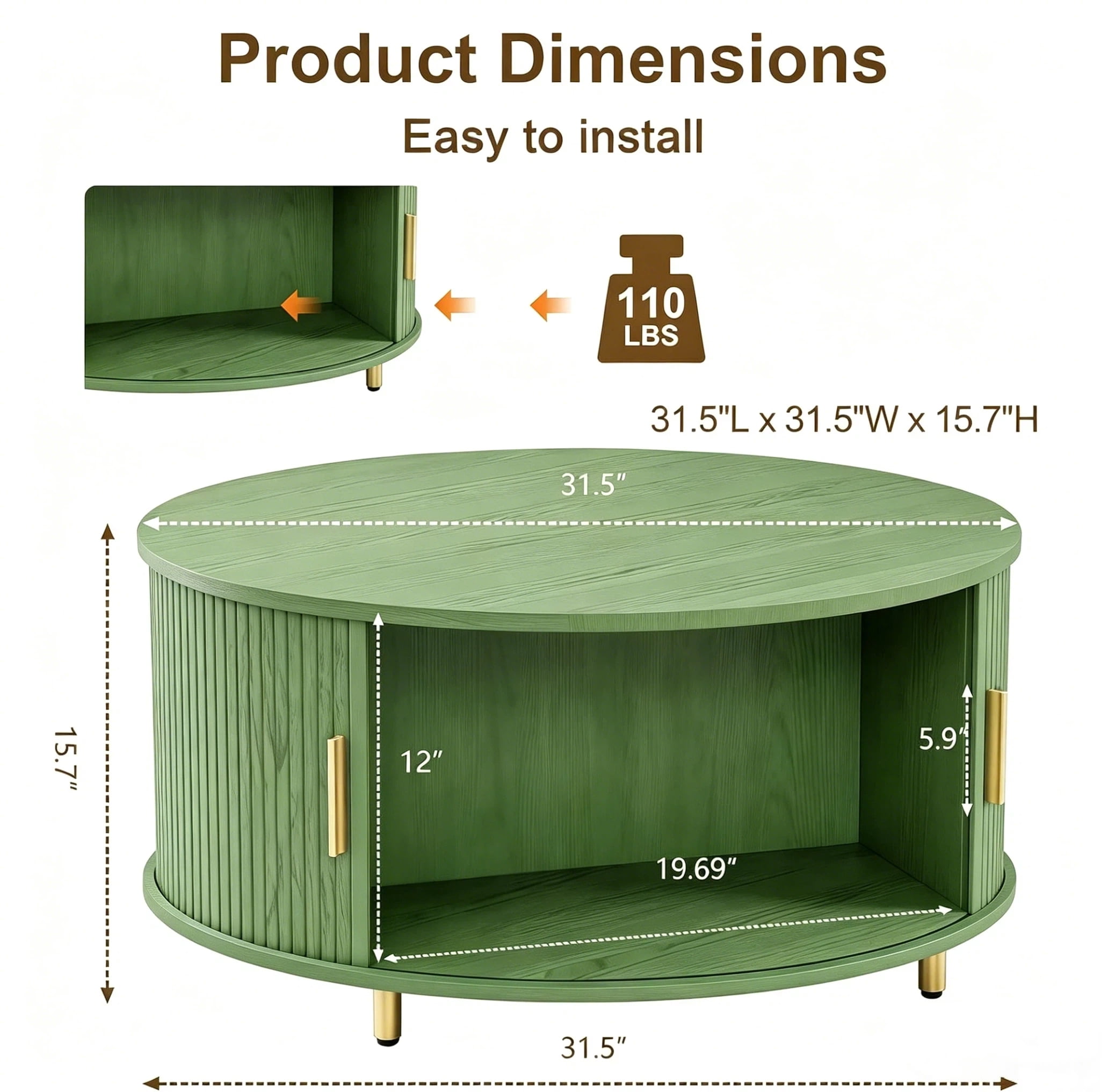 AISWORD Round Coffee Table with 360° Sliding Door, Fluted Accent Coffee Table with Storage Adjustable Footpads for Living Room, Green