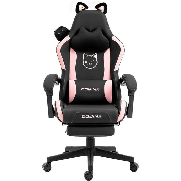 Dowinx Cute Cat-Ear Gaming Chair with Massaging Lumbar Support, Ergonomic Computer Gaming Chair for Girl and Adults, Reclining Comfort Game Chairs with Footrest, Black