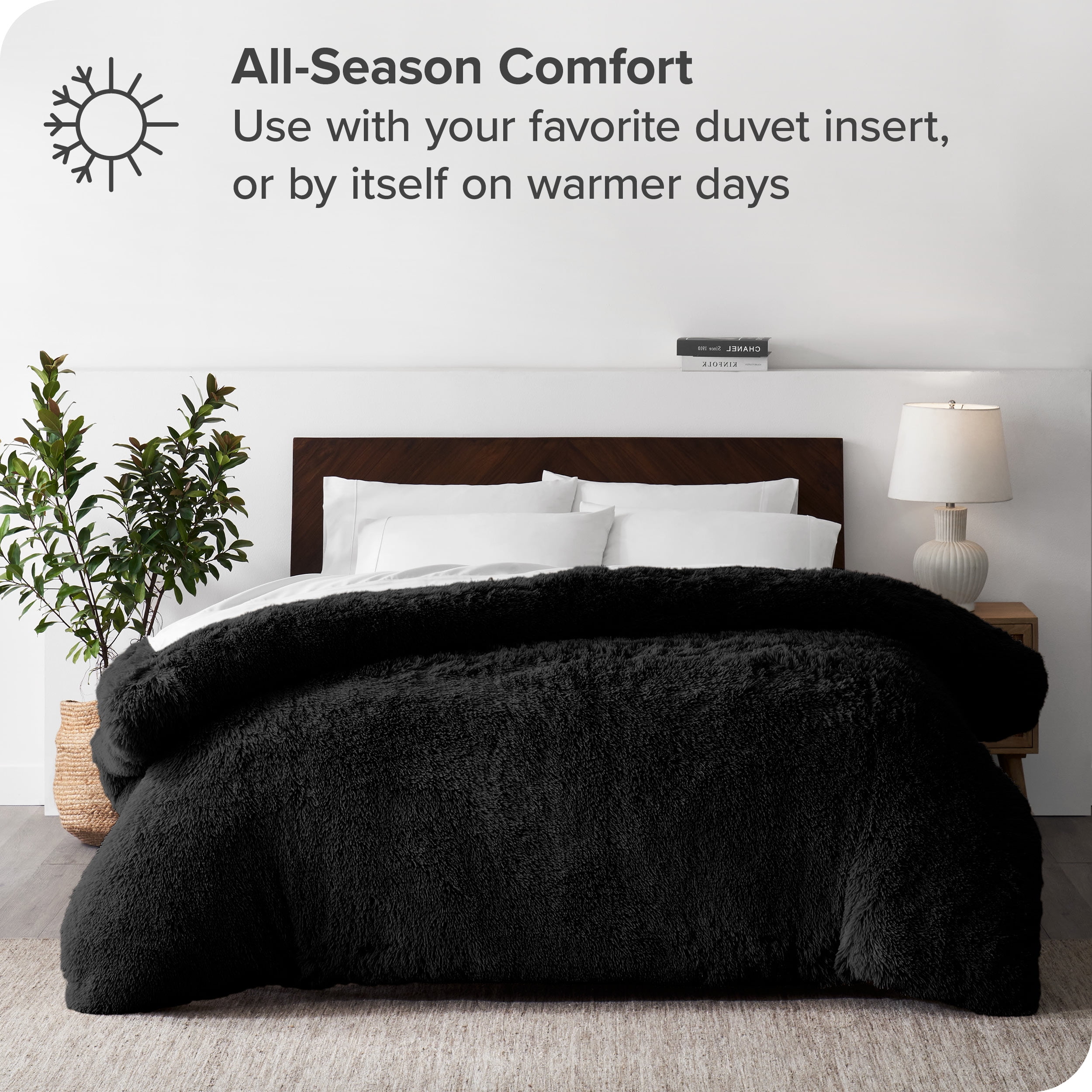 Bare Home Shaggy Faux Fur Duvet Cover - Ultra Soft - Fluffy Crystal Velvet - Queen, Black