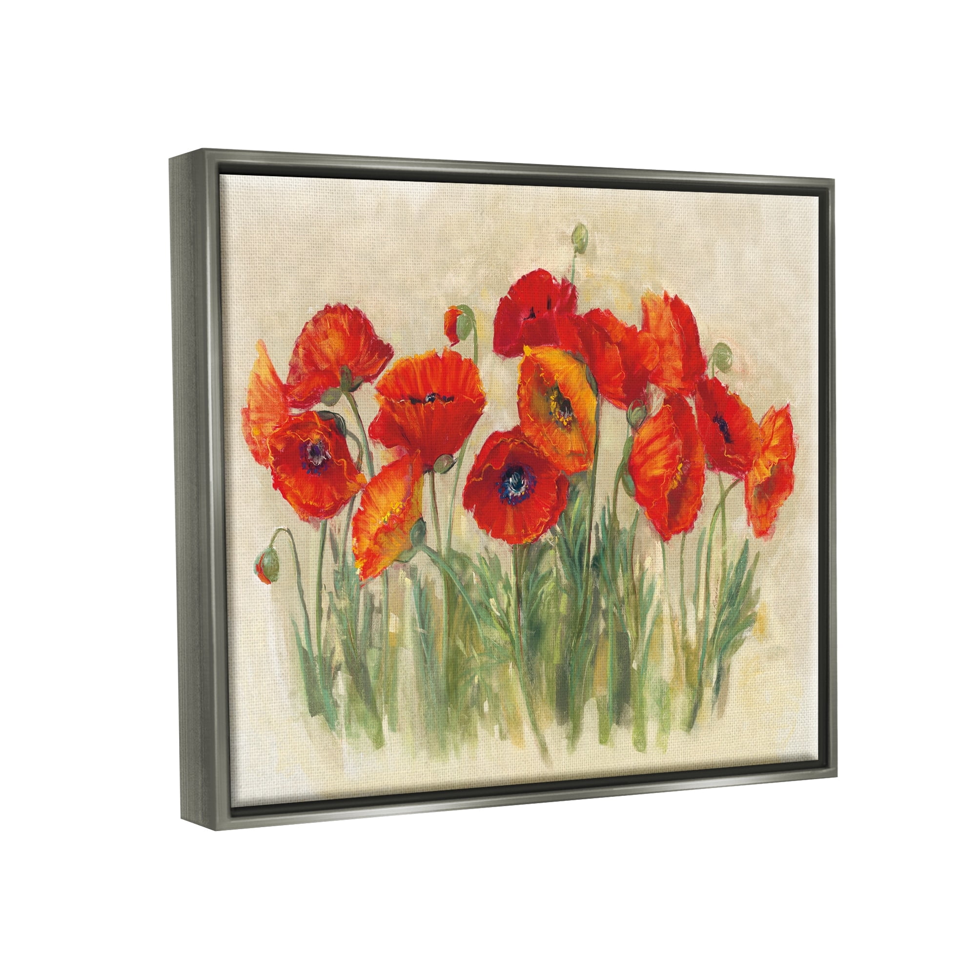 Stupell Industries Red Poppy Florals Soft Green Meadow Grass Luster Gray Framed Floating Canvas Wall Art, 16x20, by Carol Rowan
