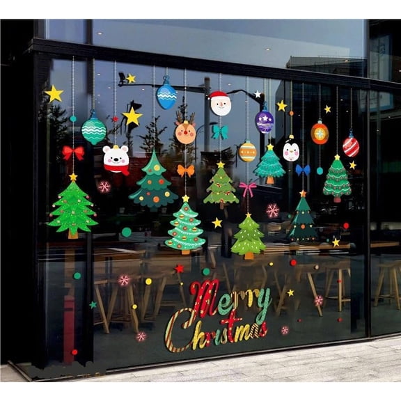 Static DIY Xmas Tree Ball Snowflake Window Stickers Trees Snow Truck Self-Adhesive Merry Christmas Window Clings for Christmas Holiday Party Ornament(E)