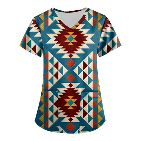 

TQWQT Women Aztec Prined Scrubs Plus Size Short Sleeve V Neck Printed Nursing Uniform Western Ethnic Graphic Scrub Tops