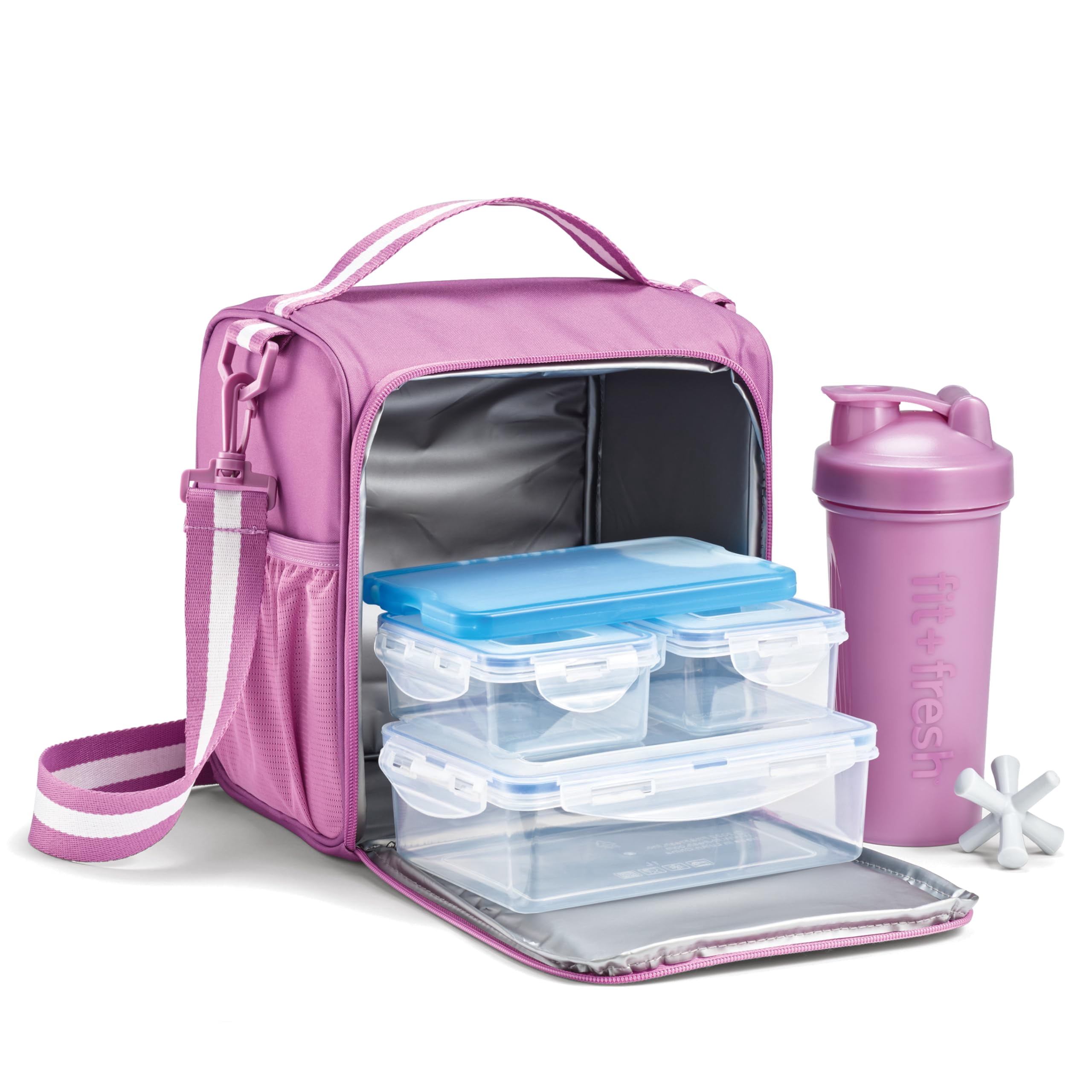 Fit + Fresh 6 pc Meal Prep Lunch Box With Containers, Ice Pack, and Shaker Bottle For Adults, Pink