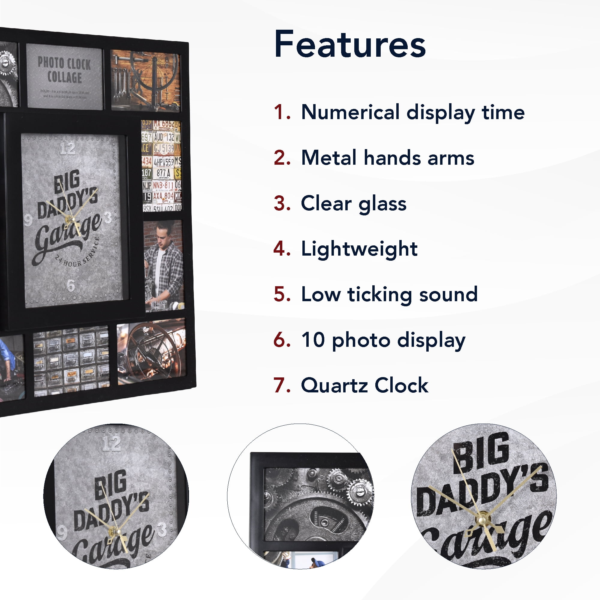 Black Picture Frame 19.25x 21.5" Big Daddy's Garage Collage Wall Clock - 10 Photo Display Slots, Man Cave Decor for Living Room, Bedroom