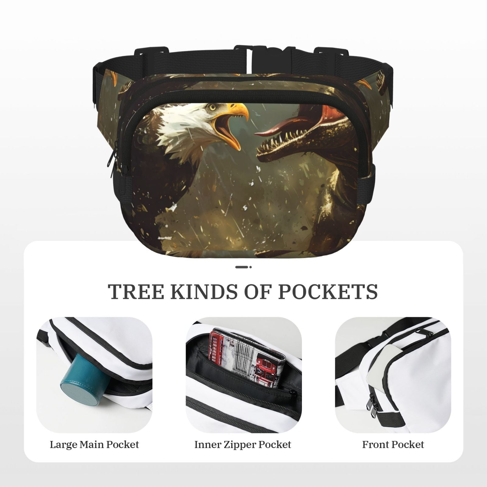 Kdxio Dinosaur Bald Eagle Crossbody Double Layer Waist Bag Belt Bag for Unisex Fanny Pack Fashion Waist Packs for Hiking Running Shopping Traveling