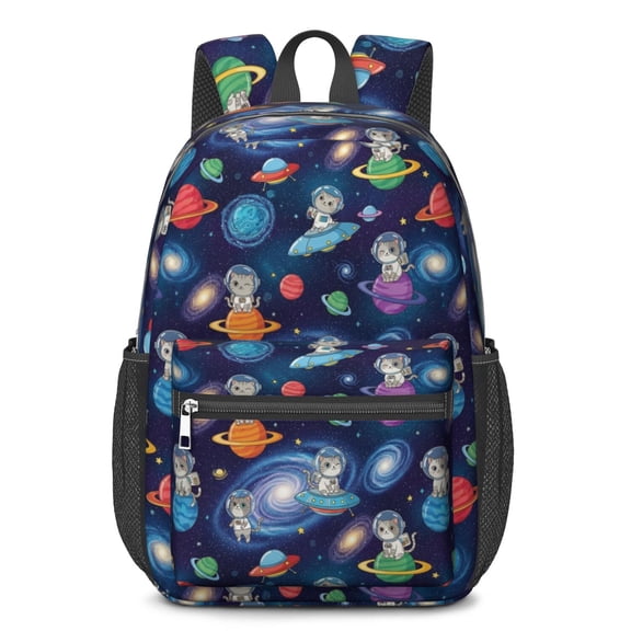 Space Cat and Galaxy Black Pattern 17" Waterproof Oxford School Backpacks for Teens, S-Shape Padded Straps, for School, Travel, Hiking, Camping