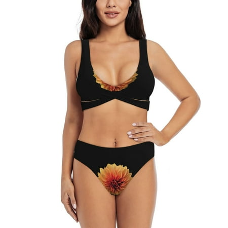 Zeuib Orange Dalia High Waisted Tummy Control Bikini Set - Knot Front Push Up Top & Cheeky Thong Bottom  Two-Piece Swimsuit for Women-Large
