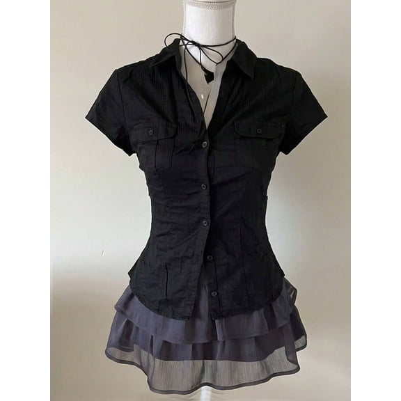 Women's Collared Button Down Short Sleeve Top for Office and Everyday Wear