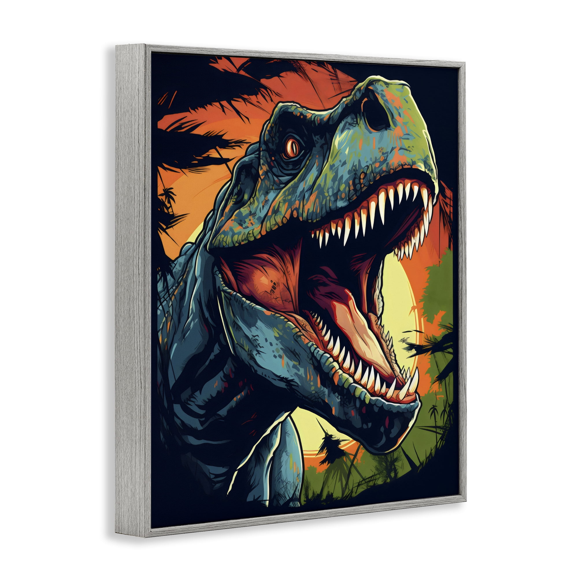Stupell Industries Dino Roar at Sunset Gray Framed Giclee Art, design by Creative Studio