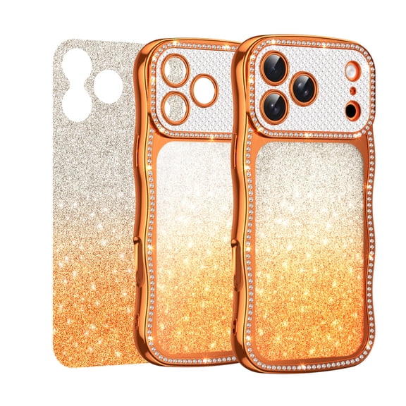 Allytechgroup Case for iPhone 17 Cute Luxury Plating Bling Glitter Paper Cover Sparkly Crystal Diamond Rhinestones Shockproof Bumper Clear Back Case, Orange