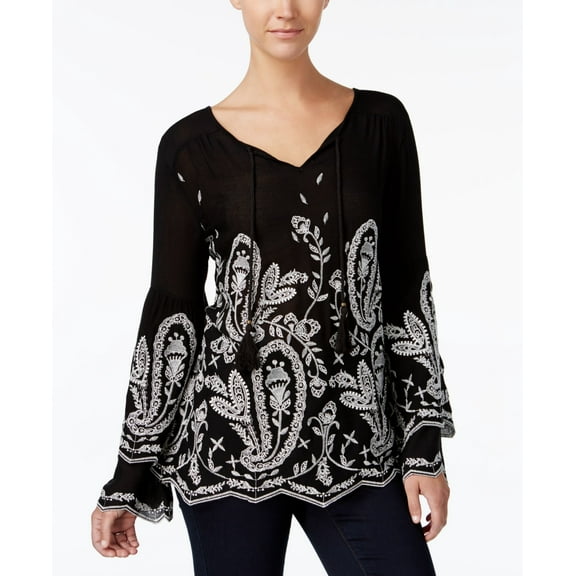 Style & Co Embroidered Peasant Top Deep Black S