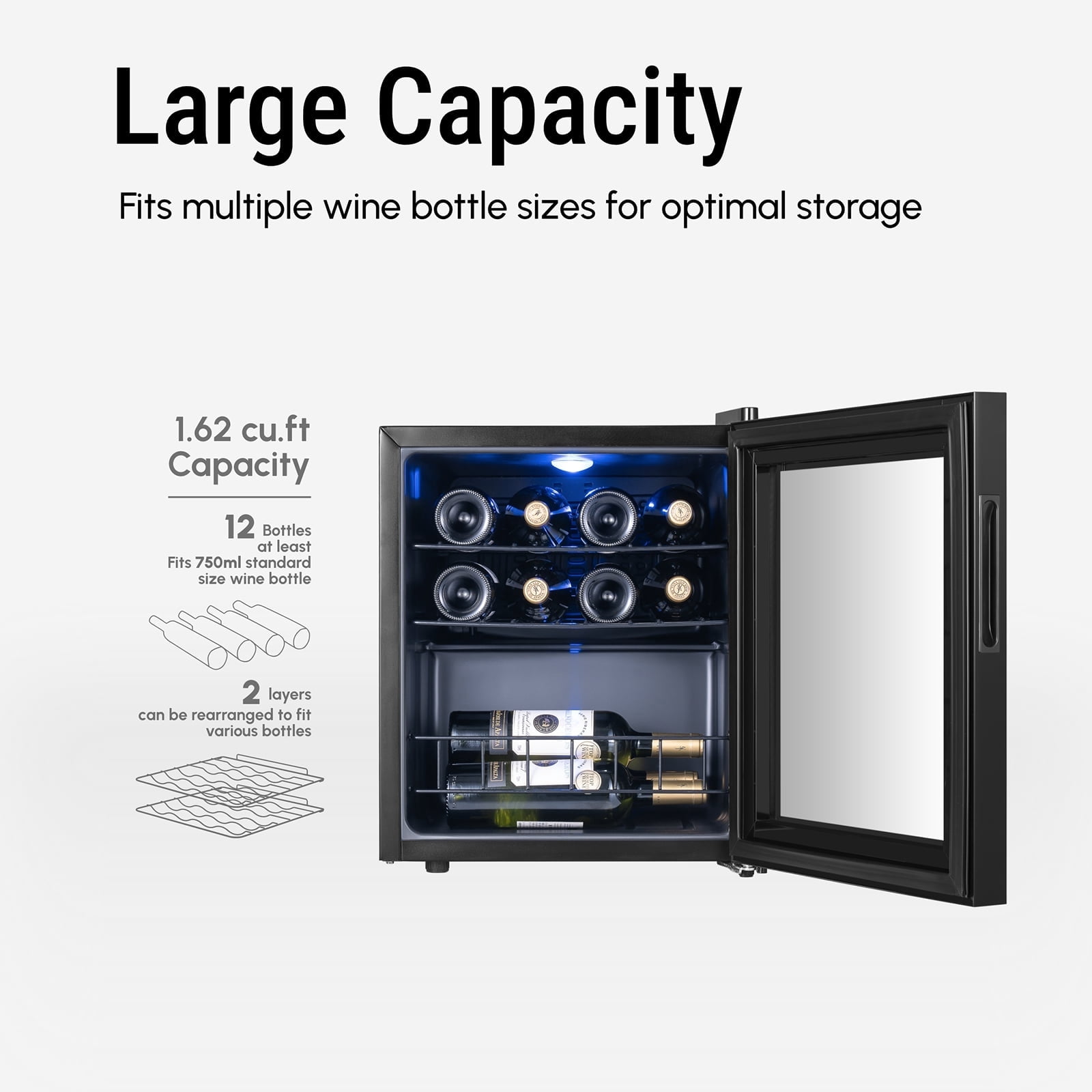 Yeego 1.63 cu.ft. Wine Cooler,  12 Bottle Mini Wine Refrigerator for Office/Home/Dorm with Glass Door, Black