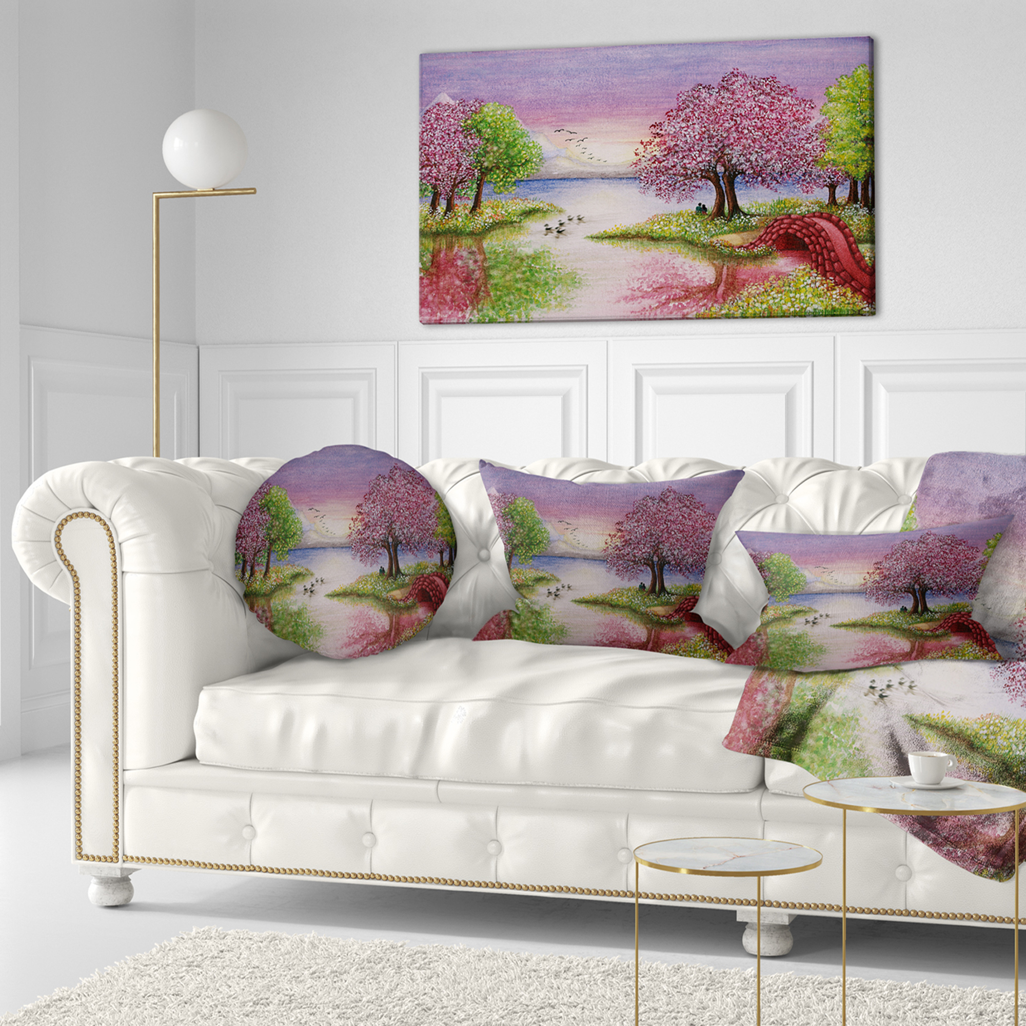 Designart Romantic Lake in Pink and Green - Landscape Printed Throw Pillow - 12x20