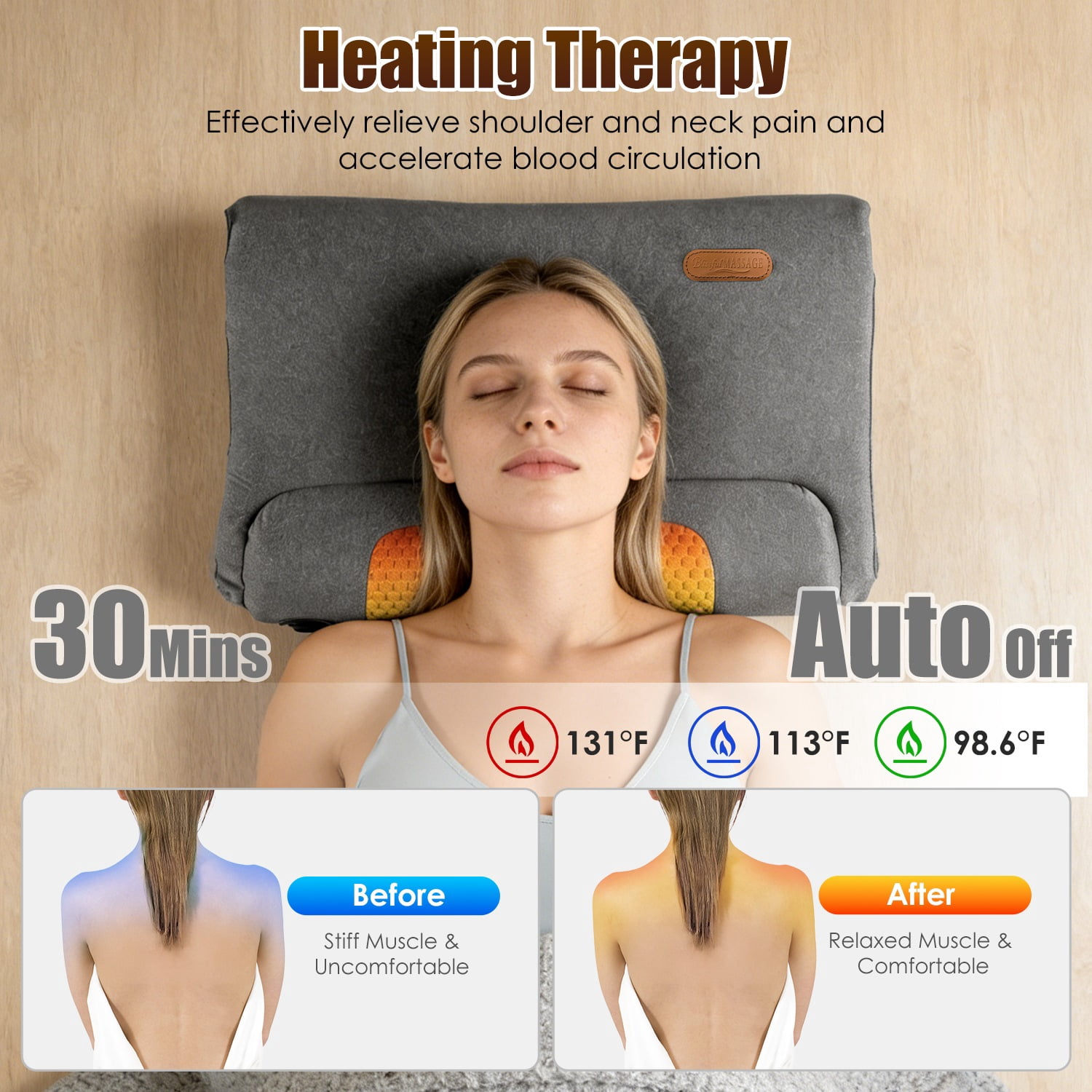 22In Heated Neck Massager Pillow 3Heat Settings 3Vibration Modes Memory Foam Support USB Plug In Auto Shut Off Eye Mask Home Office Travel Portable Dark Grey Soft Use Contoured Ergonomic Lightweight