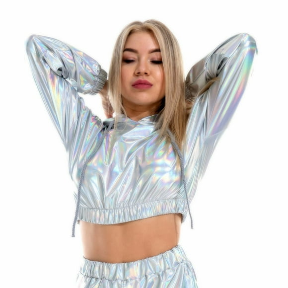 EQWLJWE Women's Holographic Metallic Top Cropped Hoodie Rave Long Sleeve Shiny Bright Leather Sexy Leaky Umbilical Pullover Sweatshirt Halloween Sweatshirts For Women