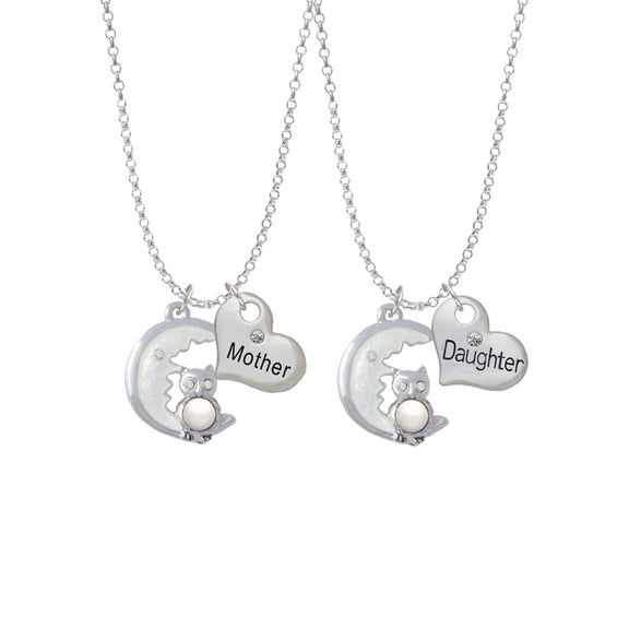 Delight Jewelry Silvertone Large Imitation Pearl Owl Sitting on White Moon Mother & Daughter Heart Necklaces (Set of 2), 19"+2"