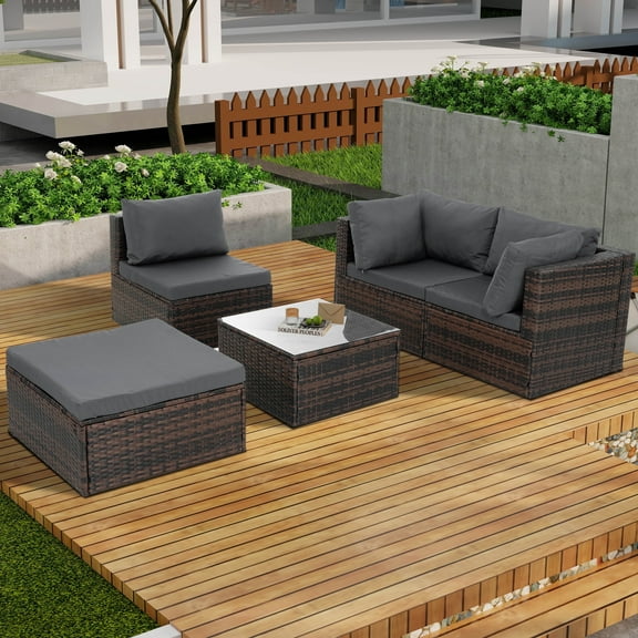 JONPONY Patio Furniture, Outdoor Sofa, All-Weather PE Wicker Furniture, 5 Set Wicker Furniture With Tempered Glass Coffee Table, Grey