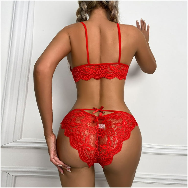 Hfyihgf Sexy Lingerie for Women Floral Lace Babydoll Lingerie Set Two Piece  Mesh Sheer Matching Bra and Panty Sets(Red,3XL)