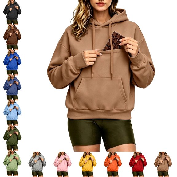 Bmisegm Womens Hoodies Pullover Drawstring Hood Long Sleeve Front Pocket Loose Drop Shoulder Soft Texture Solid Hoodie for Women