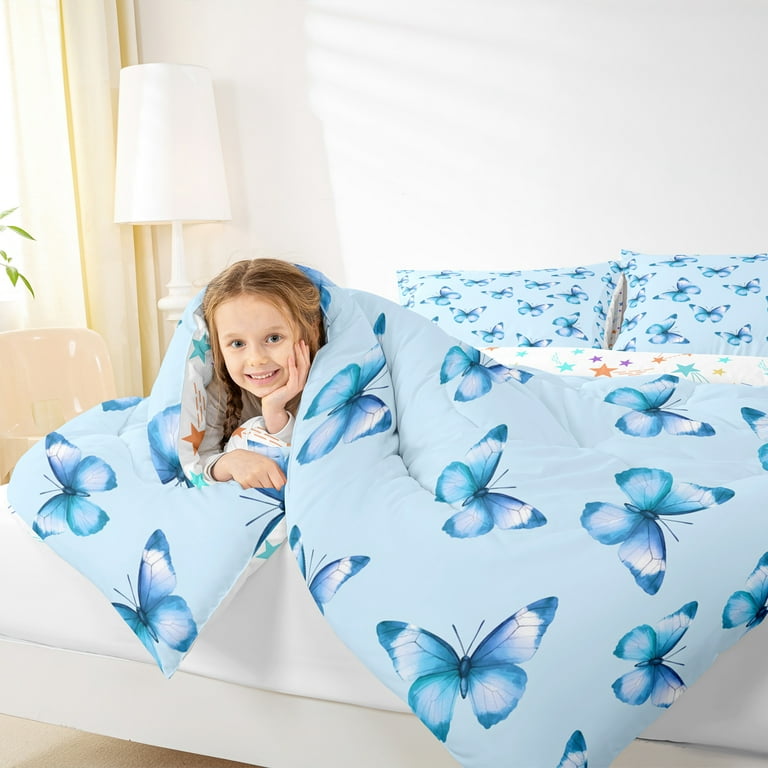 jejeloiu Blue Kawaii Butterfly Full Size Comforter Sets,Cartoon