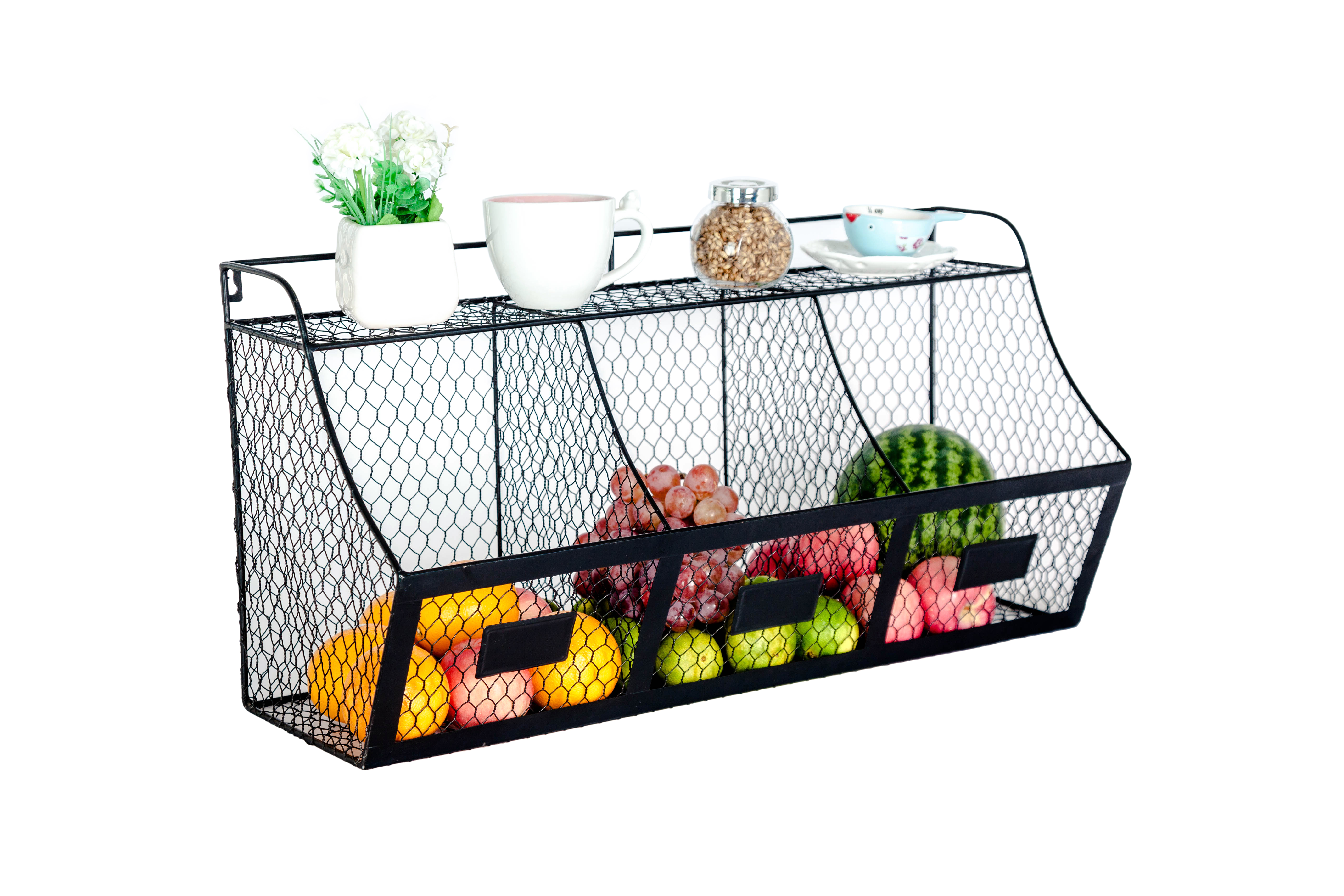 K-Cliffs 3 Compartment Basket, Large Wall Mount Metal Storage Hanging Fruit Organizer  Wire Baskets  Black Dimensions; 26x13x10 - image 2 of 5