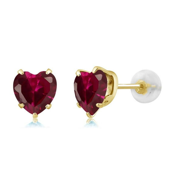 Gem Stone King 10K Yellow Gold Red Created Ruby Stud Earrings for Women Men (1.92 Cttw, Heart Shape 6MM)