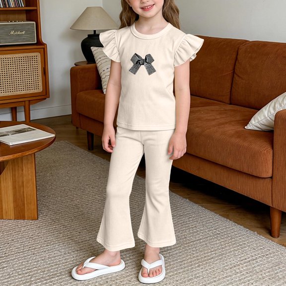 Spazoro Toddler Girls 2PC Outfit Set, Bow Knot Casual Ruffle Sleeve Shirt & Pants Summer Clothes Set for Baby Beige Size 4-5