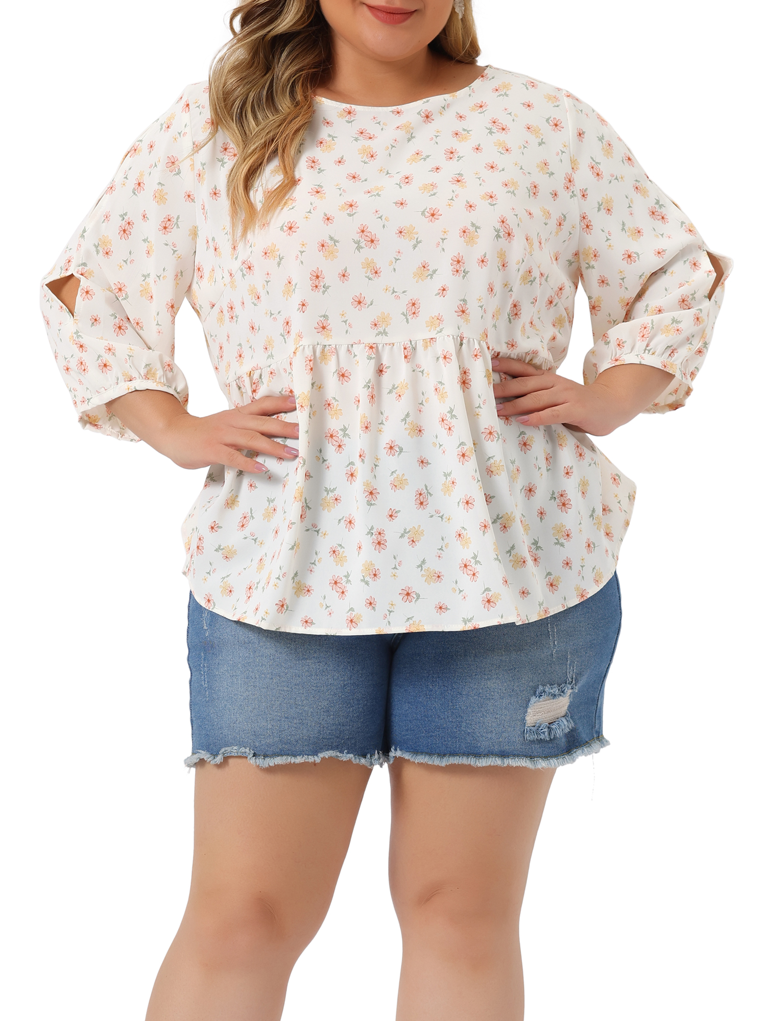Unique Bargains Women's Plus Size Top 3/4 Sleeve Cut Out Floral Blouses 2X White Red