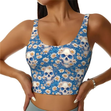 Fotbe white Skull daisy in water Pattern Womens  Sports Bra Longline Wirefree Padded with Medium Support Sports Moisture-Wicking Workou Vest Tank Top-Medium