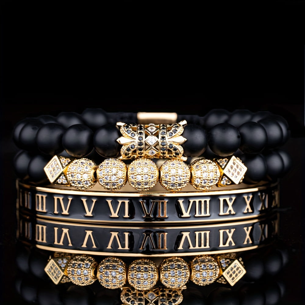 Luxury charm bracelet for men - stainless steel inlaid cubic zirconia with Roman numerals, adjustable size 6.3"-8.2", fashion jewelry gift,Black