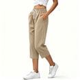 thumbnail image 5 of VBVC Women's Drawstring Waffle Cropped Pants , Summer Straight Leg Trousers For Women , Ladies' Casual Loose Capris with Pockets, Khaki , S-2XL, 5 of 6