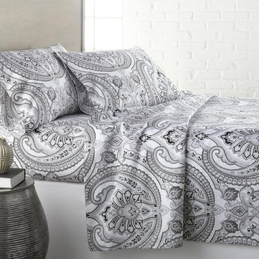 DYJP Botanical Leaves Collection, 4-Piece Botanical Bedding Queen Size Sheet Set, 14" Deep Fitted and Flat Sheet Set, Grey Leaves on Queen White Sheets, White Pillow Cases