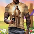 thumbnail image 2 of Mens Easter Golf Shirts Jesus Print Short Sleeve Round Neck Floral Bottoming Mens Graphic T-Shirts,Beige-4,L, 2 of 5