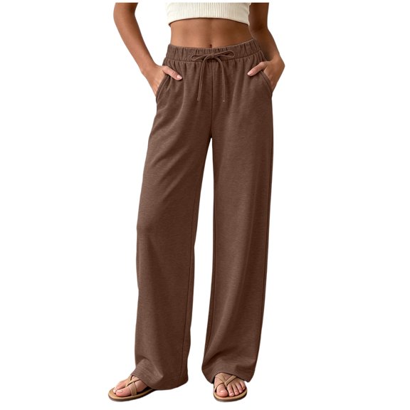 QGJZVUNL Womens Wide Leg Pants Sweatpants Baggy High-Waisted Drawstring Joggers with Pockets Size L