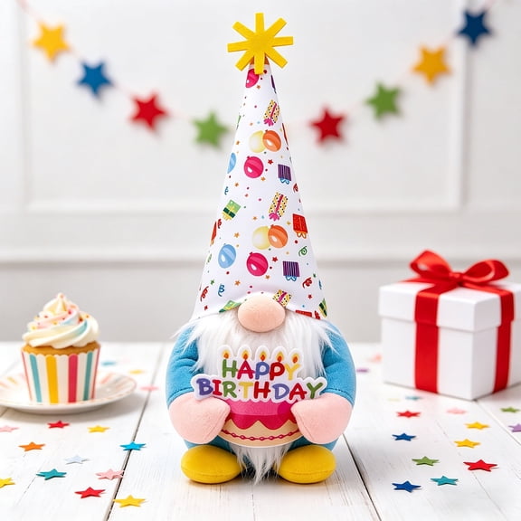 Happy Birthday Gnomes Decorations - Tomte Plush Gifts, Handmade Party Hat With Colorful Balloons, Cute Gnomes for Party Tiered Tray Decor, Gifts for Kids and Women