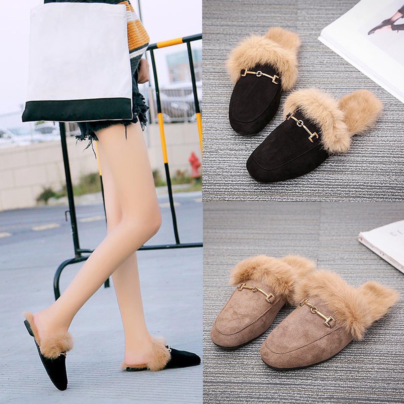 Stylish Women Suede Slip-on Loafers Faux Fur Mules Low Heel Anti Skid Shoes,Khaki 38 - Walmart.com