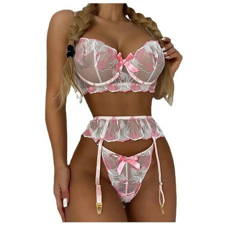 

EHTMSAK Women s Sexy Lingerie Set Sheer Withwith Garter 3 Piece Lace Embroidery bra and Panty Set Bralette Sleepwear Pink L