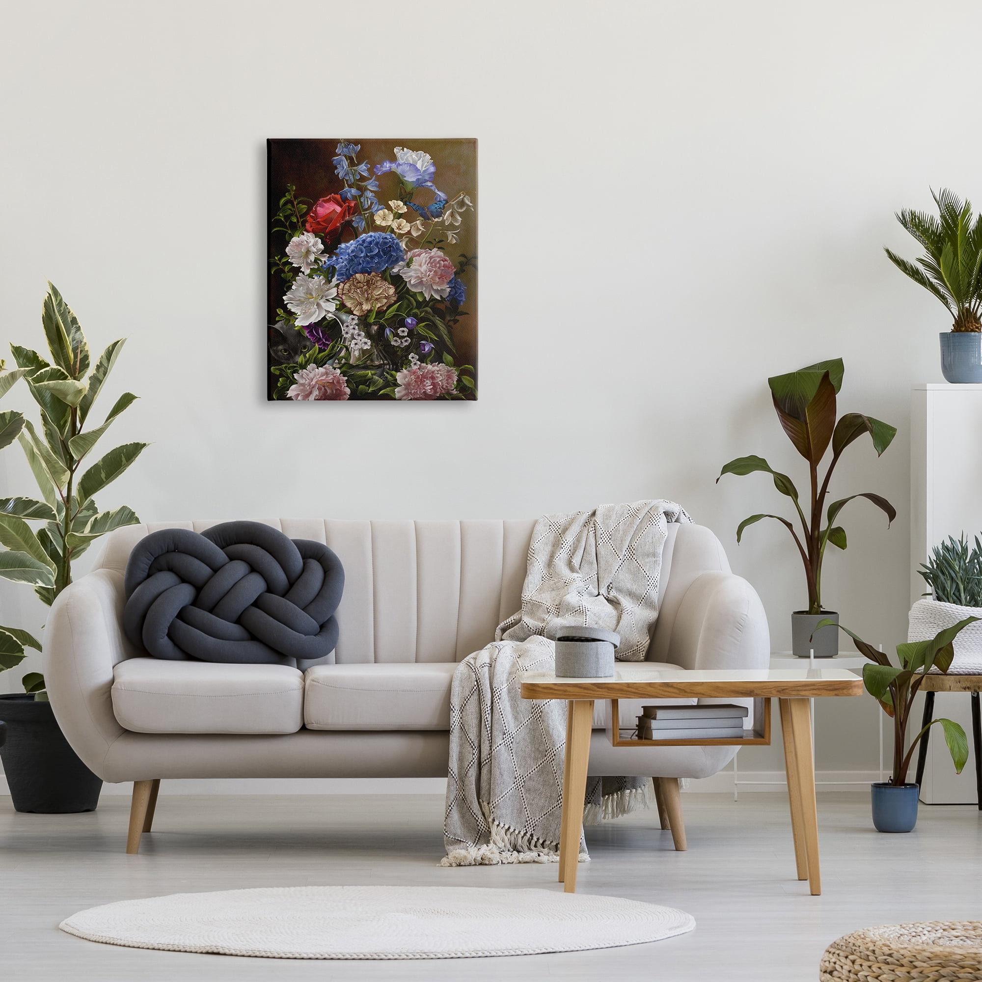 Stupell Industries Vintage Flowers & Cat Botanical & Floral Painting Gallery Wrapped Canvas Art Print Wall Art, 24 x 30