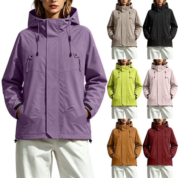 Waterproof Windbreaker Jacket Women Plus Size Hooded Long Sleeve Solid Color Windproof Casual Adjustable Hem Raincoat Outdoor Mountaineering Parka Jacket