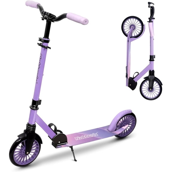 Nattork Kick Scooter for Teens Adults, Max Load 240 LBS, Adjustable Height Foldable with 8" Large Wheels, Anti-Shock Suspension Purple
