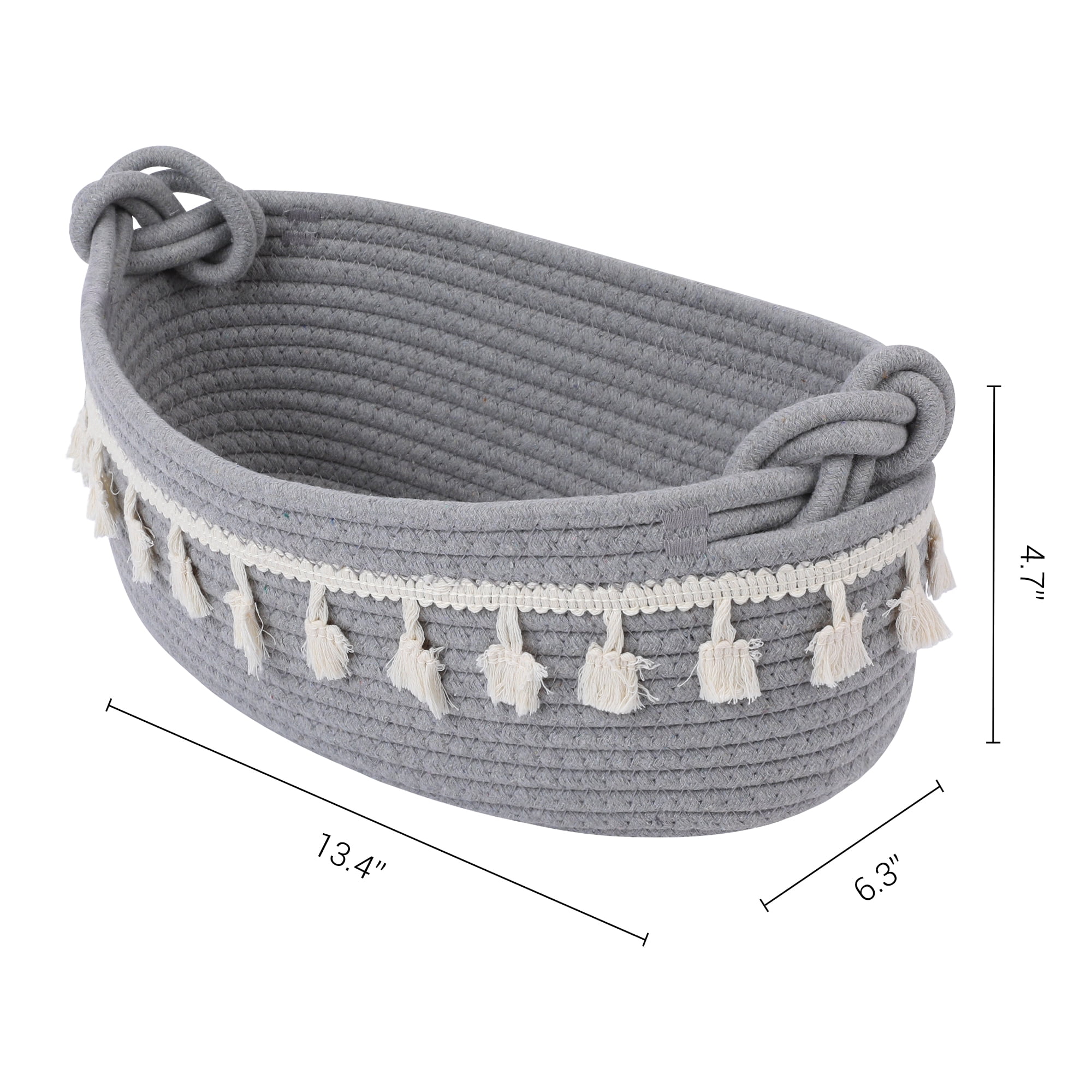 Unique Bargains Storage Basket Shelf Bin with Tassels Light Gray 13.4*6.3*4.7in