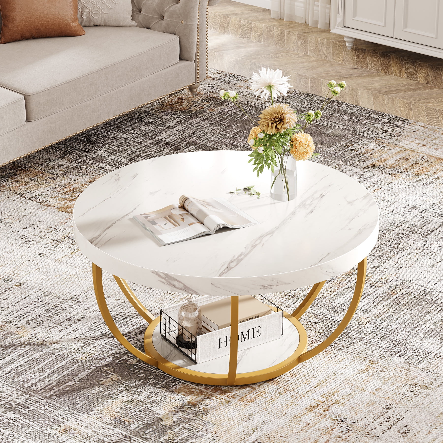 Fnova Coffee Table with 2 - Tier Storage, 32" Round Coffee Table with Metal Legs, Modern Rustic Style Center Table for Living Room, White and Gold
